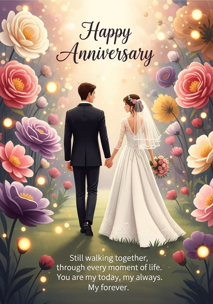 Couple walking hand in hand on anniversary flowers