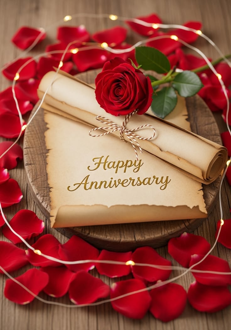 Happy anniversary cake with roses and ribbon