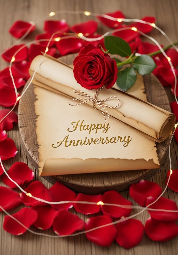 Happy anniversary cake with roses and ribbon
